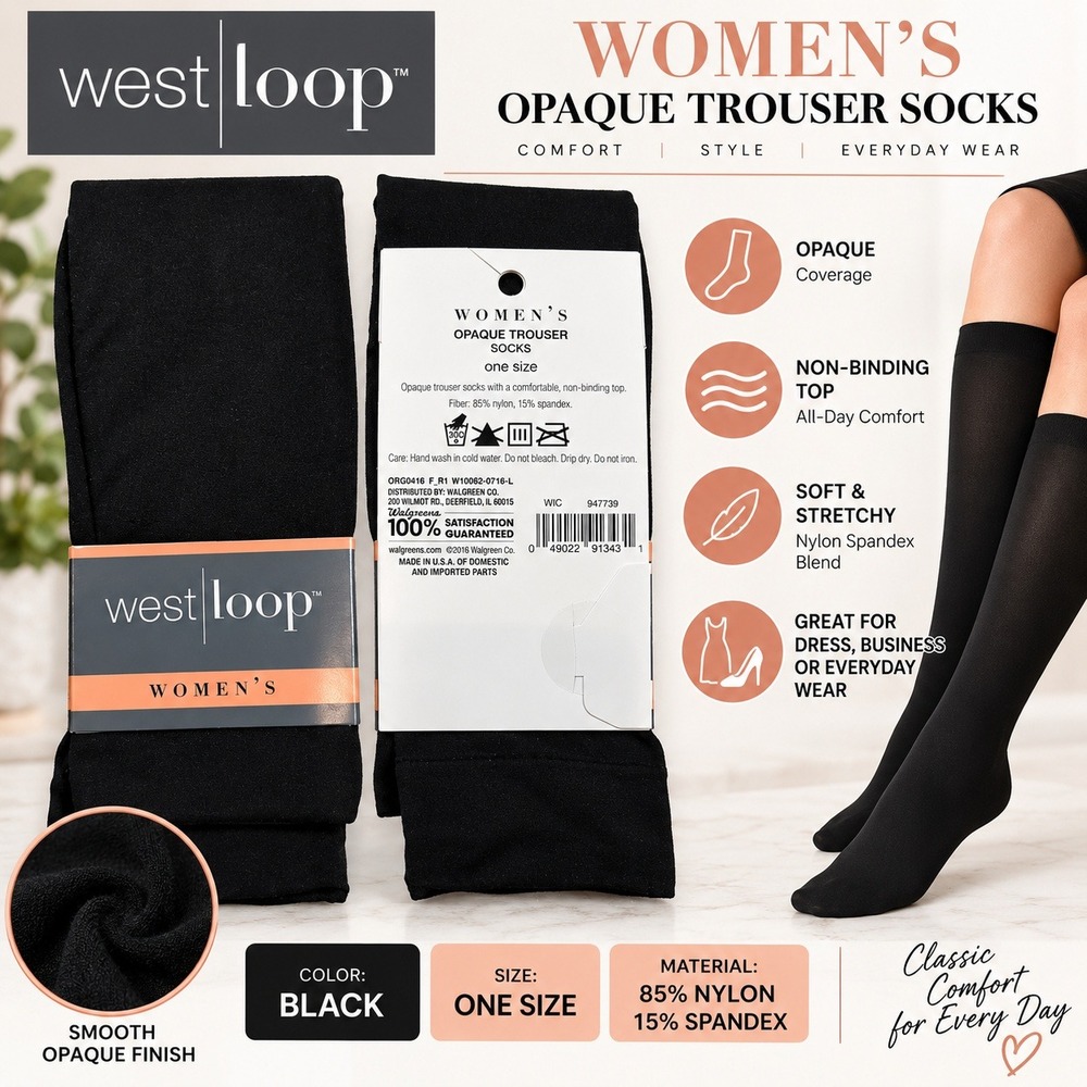 West Loop Womens Opaque Trouser Socks Black Non-Binding Top One Size NWT